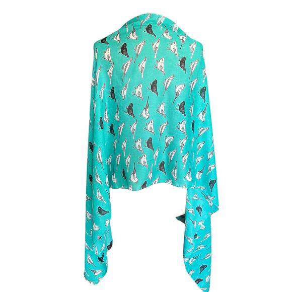 Lafayette Collection Aqua Bird Print Scarf Cotton Large Rectangle 72" x 29" - Picture 4 of 8